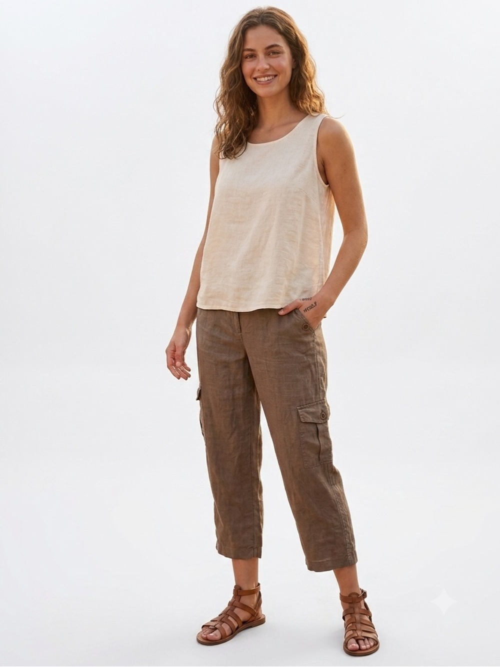 Carole Little Vintage Y2K Linen Capri Cargo Pant Straight Utility 4 Brown Pocket